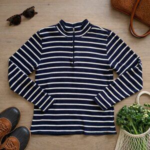LL Bean 1/4 Zip Cotton Sweater Blue White Stripe Women S 90s Lightweight